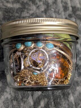 Share Mystery Jewelry Jar Mixed Metals Lot Bohemian Fun & Quirky Multicolor Half